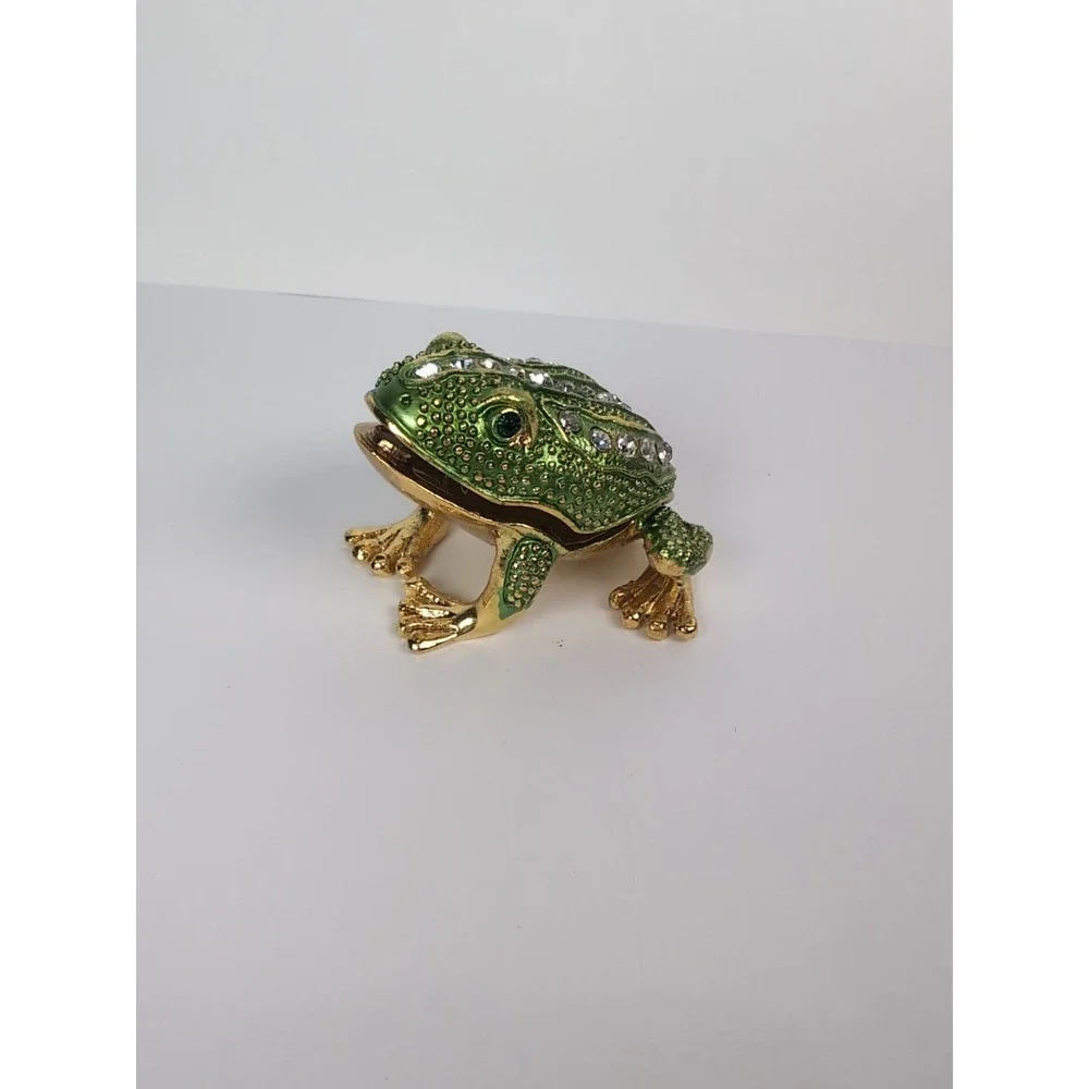 Hinged Keren Kopal Style Gold Tone Frog Trinket Box Rhinestones Green Eyes Vintg